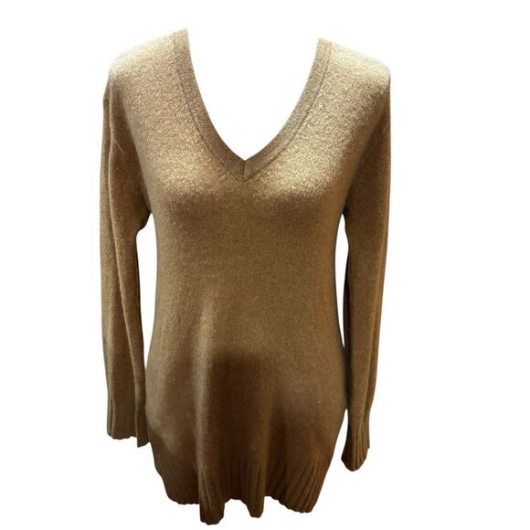Anthropologie Cashmere Sweater Oversized Camel/Tan Color Ribbed Details V-Neck S - Picture 1 of 13